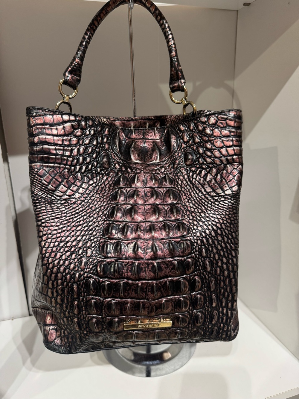 Brahmin Amelia Metallic Plum Croc-Embossed Satchel